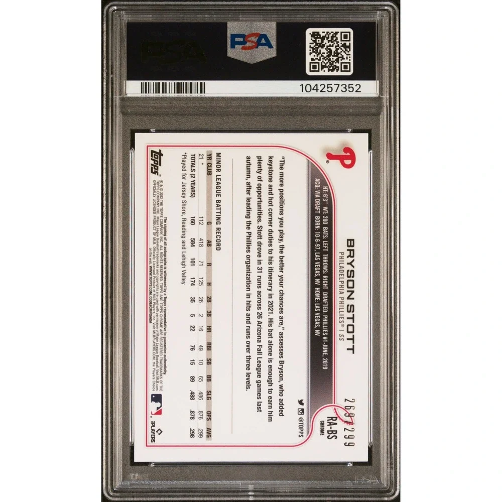 2022 Topps Chrome Rookie RC Auto Bryson Stott #RABS Purple Speckle /299 PSA 9 MT